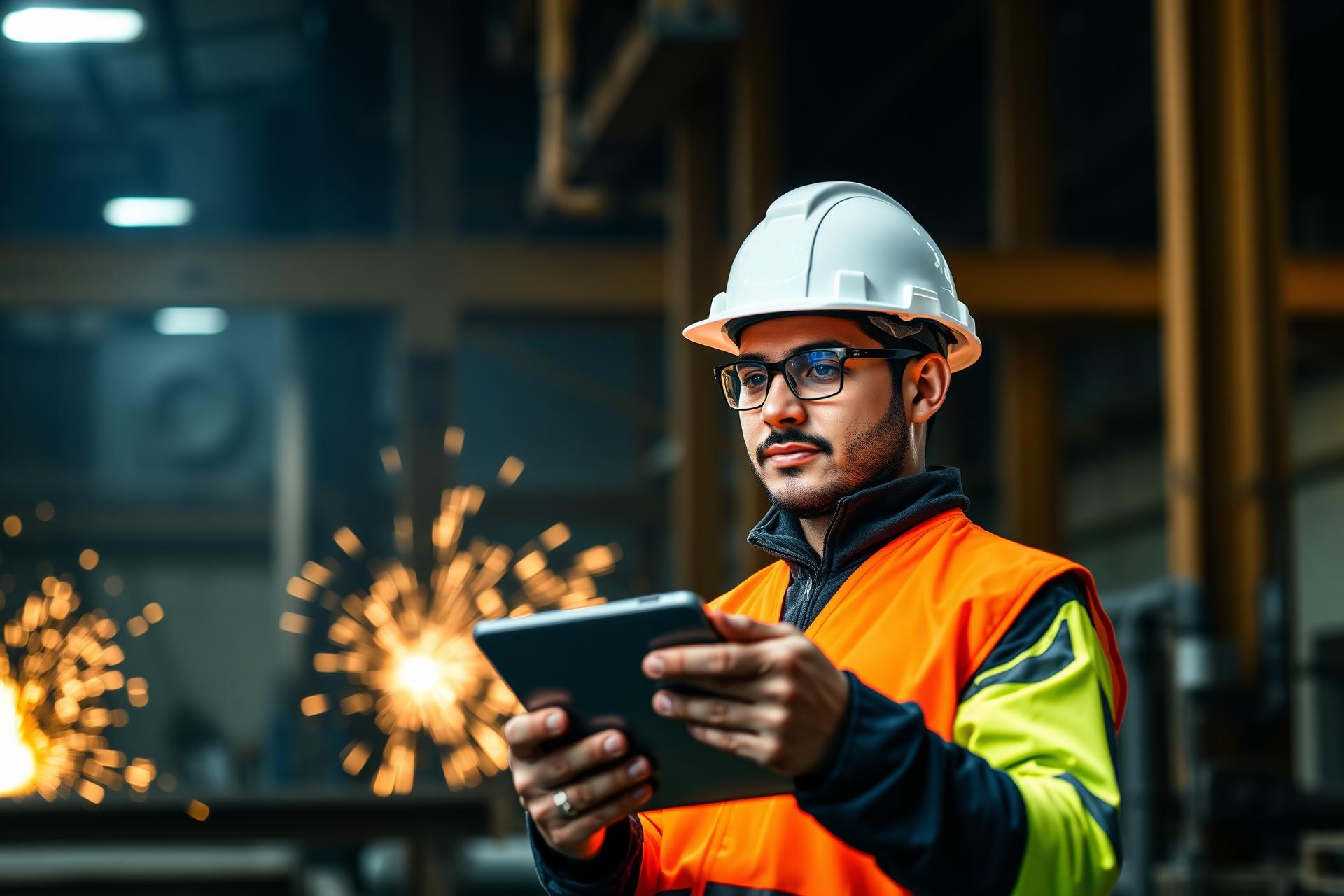 Profissional industrial com capacete de segurança utilizando notebook em ambiente fabril